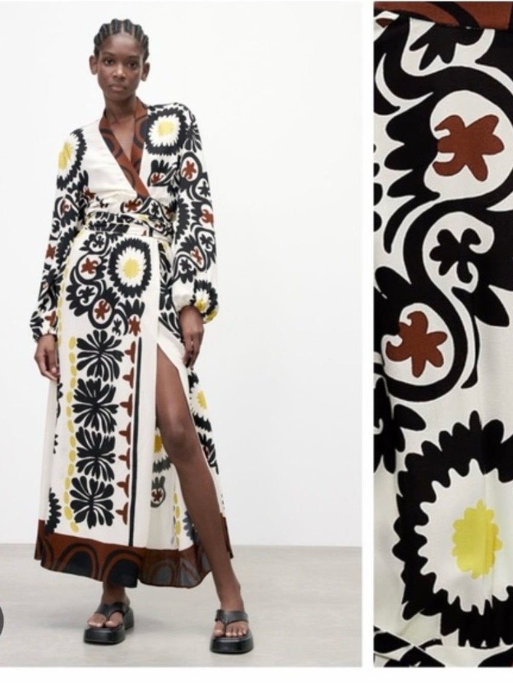Zara White Maxi Dress with Black, Yellow & Brown Floral Motif